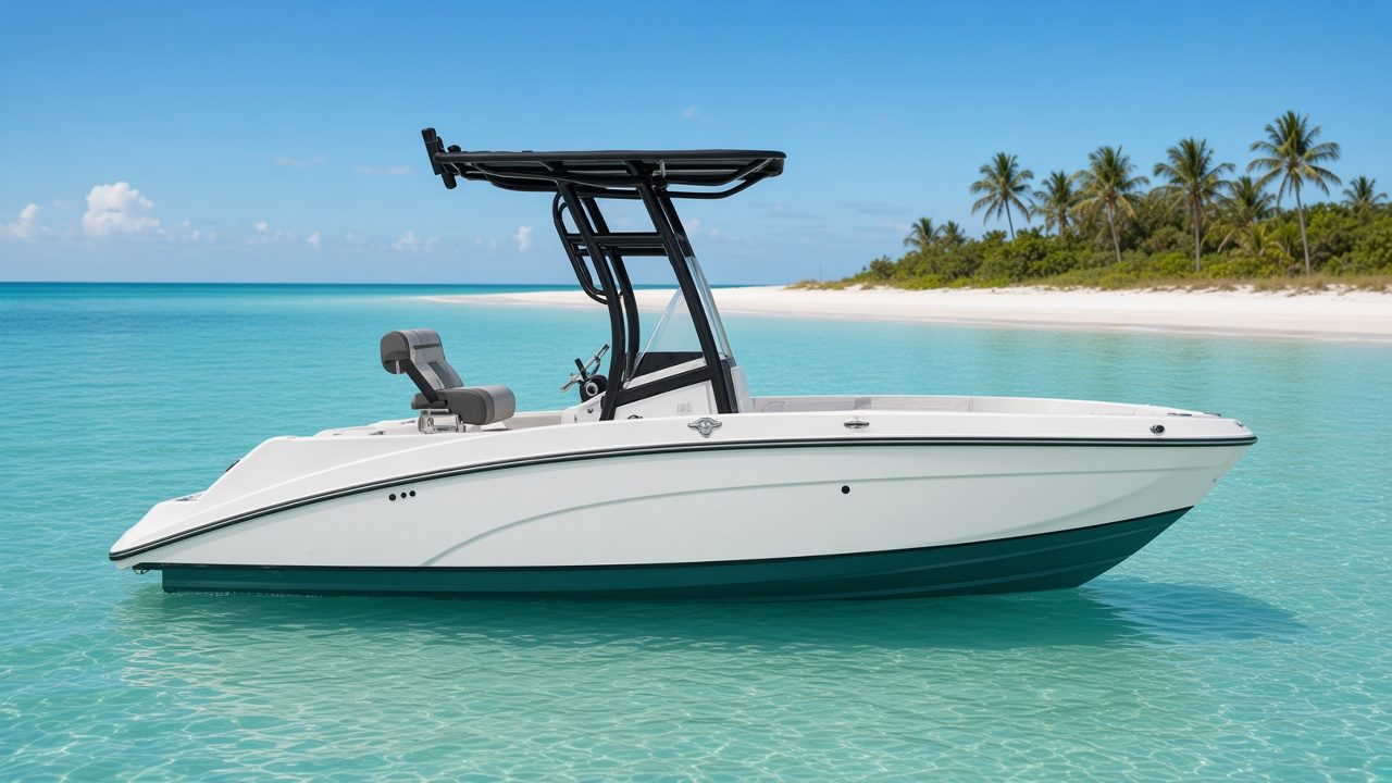 White Yamaha 210 FSH Sport style jet boat with a black T-top